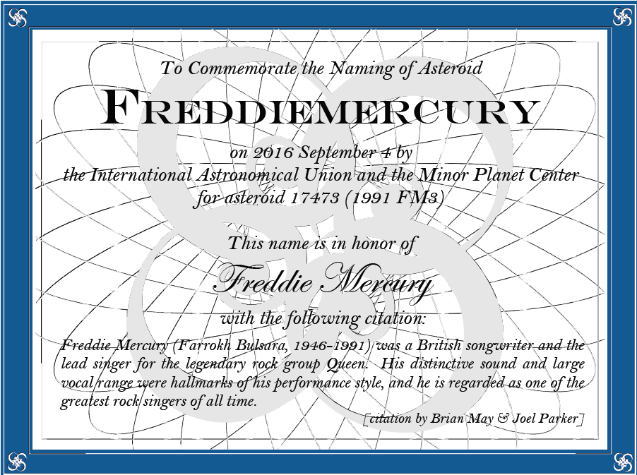 Freddie Mercury Asteroid Certificate