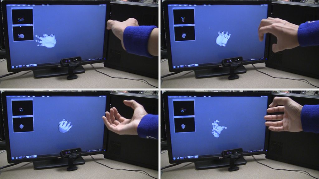 This series of photos shows the use of a new system, called DeepHand, developed by researchers in Purdue University’s C Design Lab. It is capable of “deep learning” to understand the hand’s nearly endless complexity of joint angles and contortions, an advance that will be needed for future systems that allow people to interact with virtual environments in virtual and augmented reality. (Purdue University image/C Design Lab)