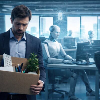 Artificial intelligence robots working at computers in a modern office representing automation and job disruption in the technology sector