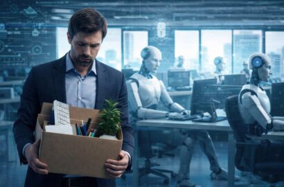 Artificial intelligence robots working at computers in a modern office representing automation and job disruption in the technology sector