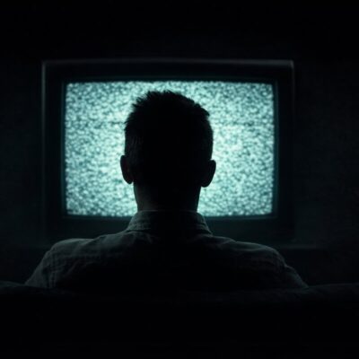 Silhouette watching television in dark room representing AI companion viewing