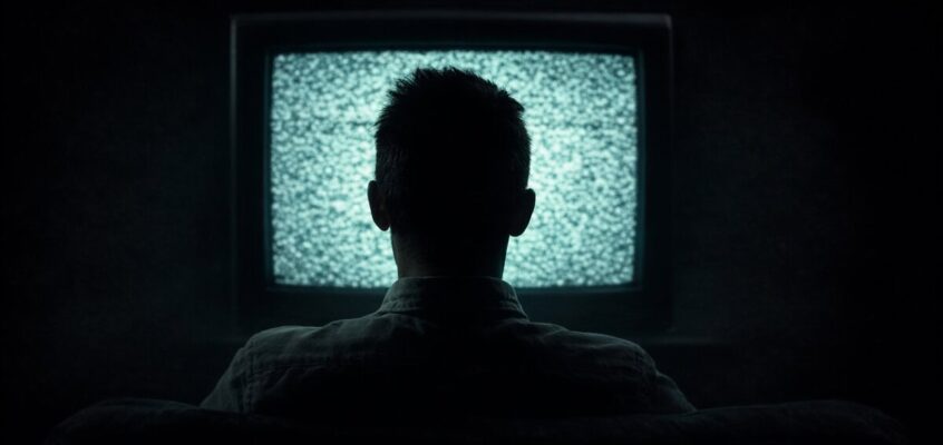 Silhouette watching television in dark room representing AI companion viewing