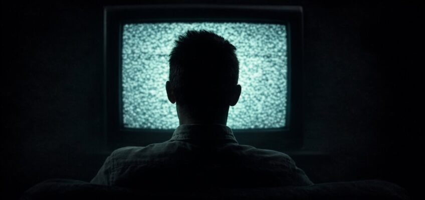 Silhouette watching television in dark room representing AI companion viewing