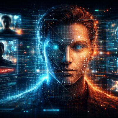 Conceptual illustration of artificial intelligence analyzing a digital human face to detect deepfake media and synthetic content online.