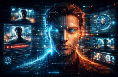 Conceptual illustration of artificial intelligence analyzing a digital human face to detect deepfake media and synthetic content online.