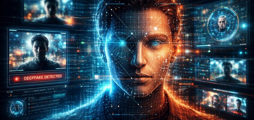 Conceptual illustration of artificial intelligence analyzing a digital human face to detect deepfake media and synthetic content online.