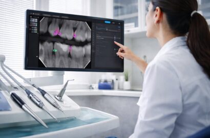 Dentist using AI software to analyse dental X-rays on a screen in a modern clinic setting.