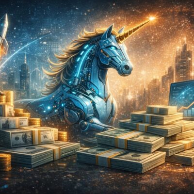 Futuristic illustration of AI unicorn representing billion-dollar startups and investment growth