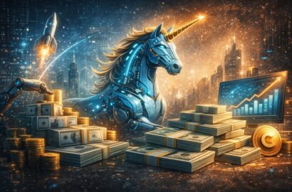 Futuristic illustration of AI unicorn representing billion-dollar startups and investment growth