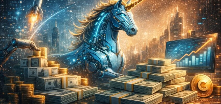 Futuristic illustration of AI unicorn representing billion-dollar startups and investment growth