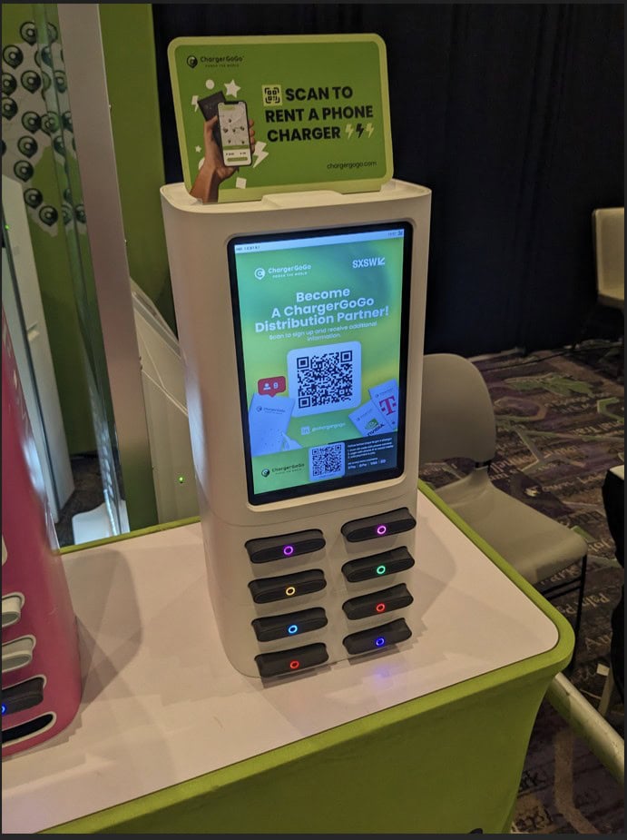 ChargerGoGo phone charging station kiosk at SXSW tech expo