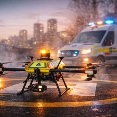 Emergency medical drone on landing pad with ambulance in background