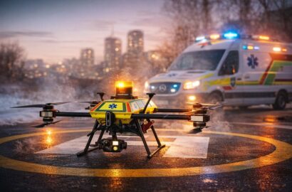 Emergency medical drone on landing pad with ambulance in background