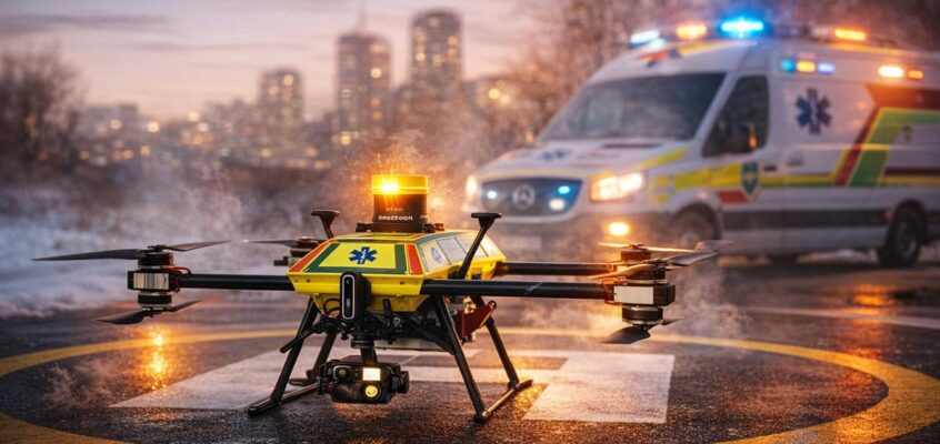 Emergency medical drone on landing pad with ambulance in background