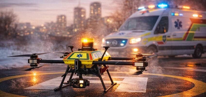 Emergency medical drone on landing pad with ambulance in background