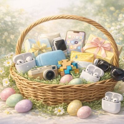 Stylized Easter basket with modern gifts pastel eggs and spring flowers