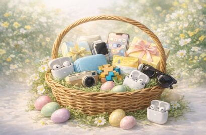 Stylized Easter basket with modern gifts pastel eggs and spring flowers