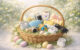 Stylized Easter basket with modern gifts pastel eggs and spring flowers