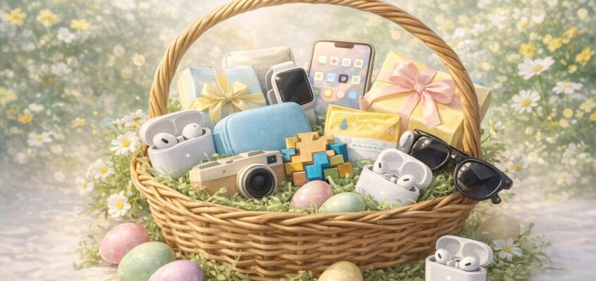 Stylized Easter basket with modern gifts pastel eggs and spring flowers