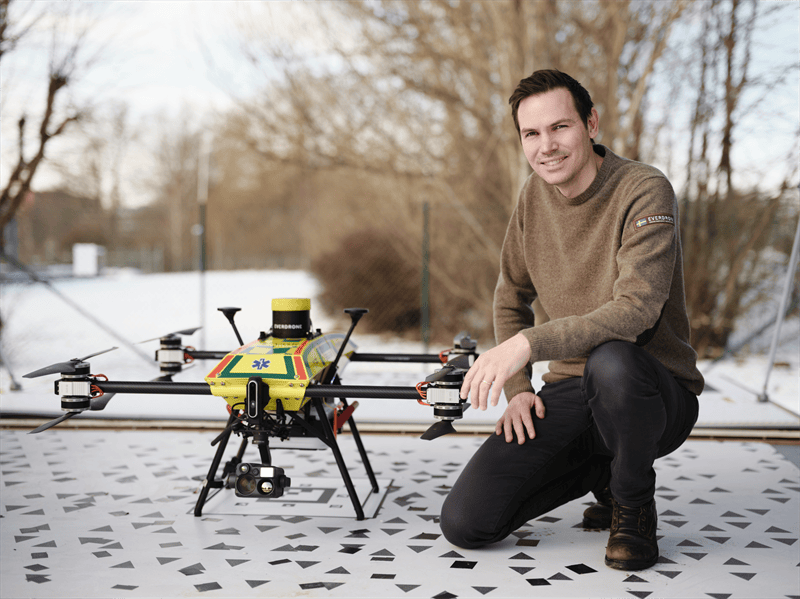 CEO Mats Sällström with emergency response drone used for healthcare delivery