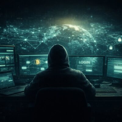 Hooded figure at computer representing global cybercrime networks