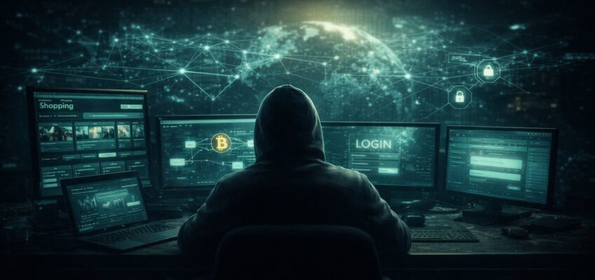Hooded figure at computer representing global cybercrime networks