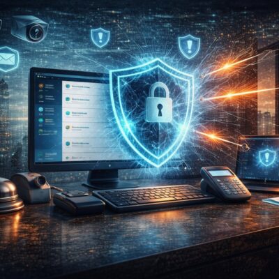 Hotel management system protected by cybersecurity shield against phishing attacks