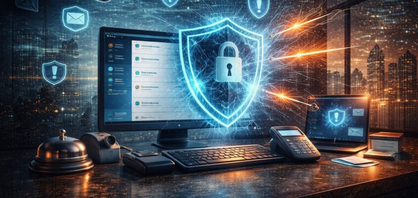 Hotel management system protected by cybersecurity shield against phishing attacks