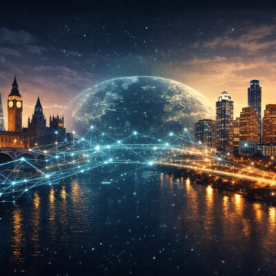 London and Texas skylines connected by digital network technology