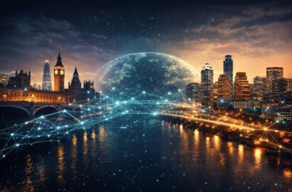 London and Texas skylines connected by digital network technology