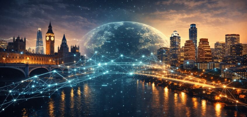 London and Texas skylines connected by digital network technology