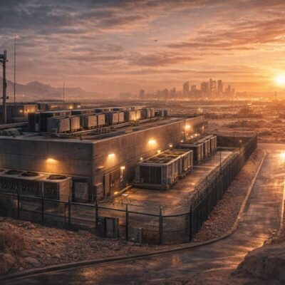 Data centre facility in desert region with city skyline, representing resilient digital infrastructure