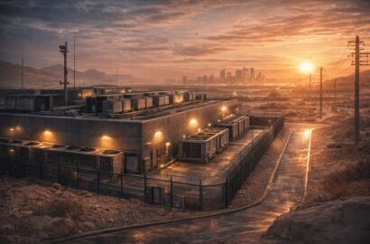 Data centre facility in desert region with city skyline, representing resilient digital infrastructure