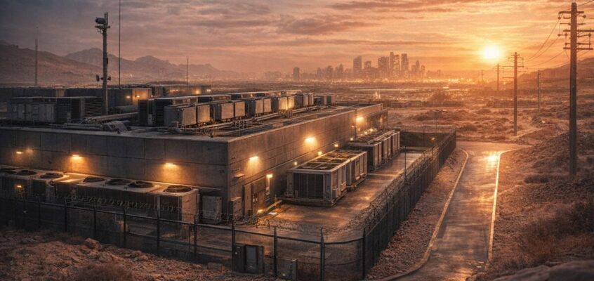 Data centre facility in desert region with city skyline, representing resilient digital infrastructure