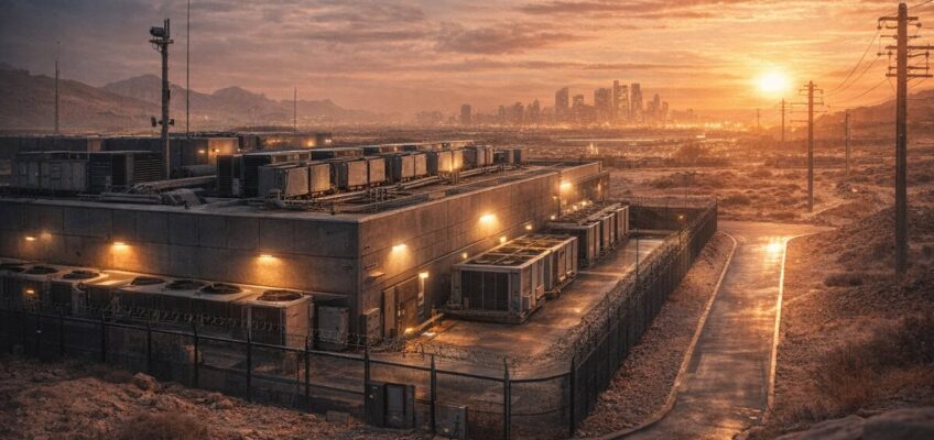 Data centre facility in desert region with city skyline, representing resilient digital infrastructure