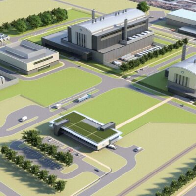 Nuclear power plant and data center infrastructure concept representing energy for AI computing