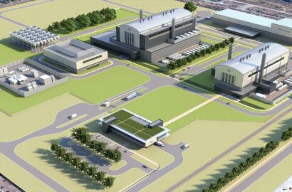 Nuclear power plant and data center infrastructure concept representing energy for AI computing