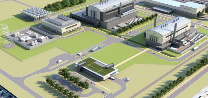 Nuclear power plant and data center infrastructure concept representing energy for AI computing