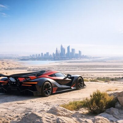 High-performance hypercar in desert landscape with futuristic city skyline in background