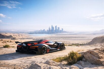 High-performance hypercar in desert landscape with futuristic city skyline in background