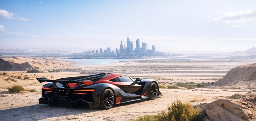 High-performance hypercar in desert landscape with futuristic city skyline in background