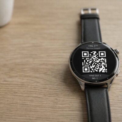 Smartwatch showing QR code for contactless payment via open banking