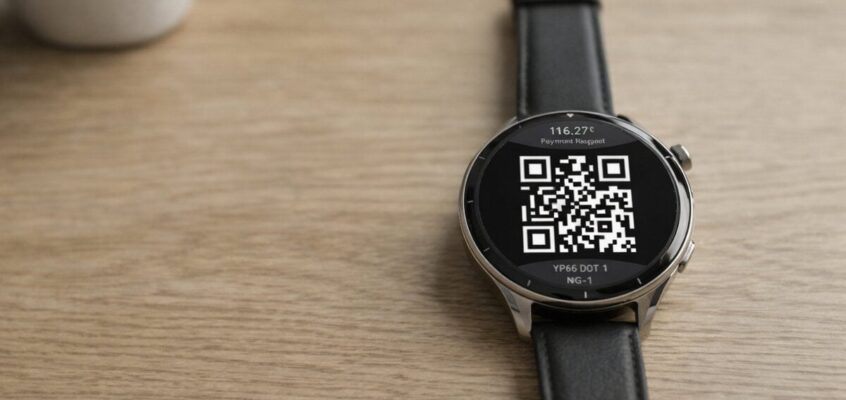 Smartwatch showing QR code for contactless payment via open banking