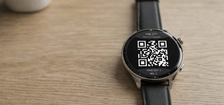 Smartwatch showing QR code for contactless payment via open banking