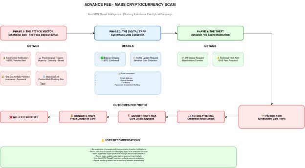 Diagram showing cryptocurrency phishing scam process