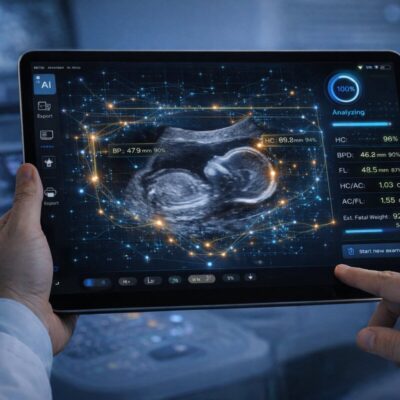 AI analyzing fetal ultrasound on tablet in clinical environment