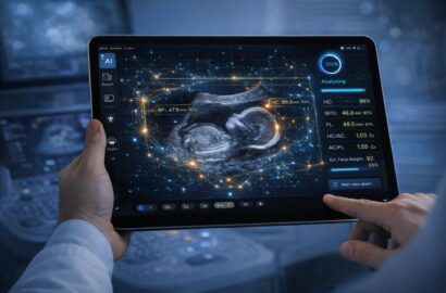 AI analyzing fetal ultrasound on tablet in clinical environment
