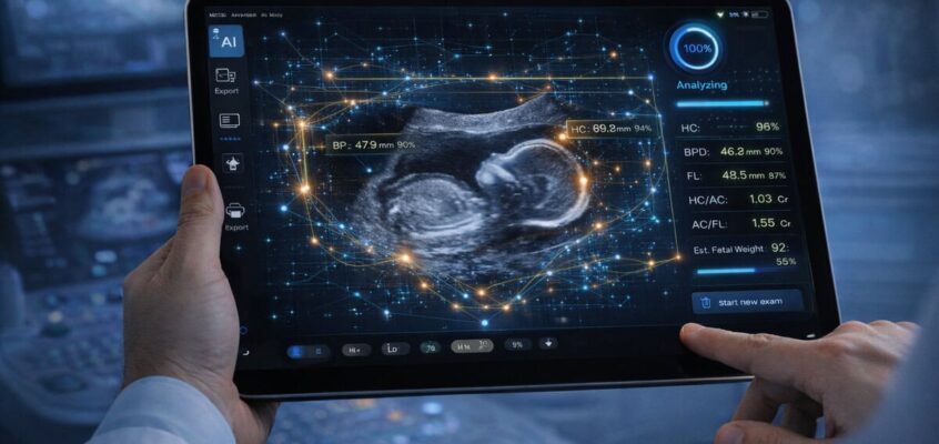 AI analyzing fetal ultrasound on tablet in clinical environment