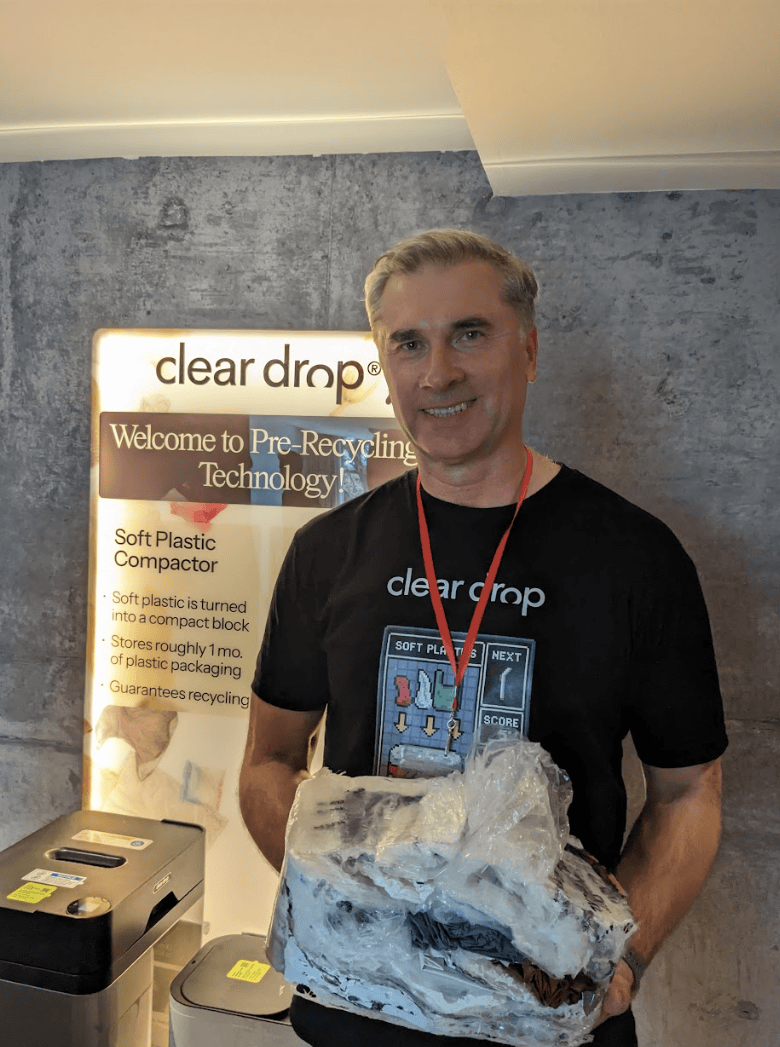Ivan Abrouzon demonstrating Clear Drop soft plastic recycling block