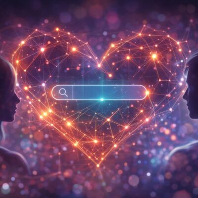 Abstract digital heart network between two people representing online sex education and connection